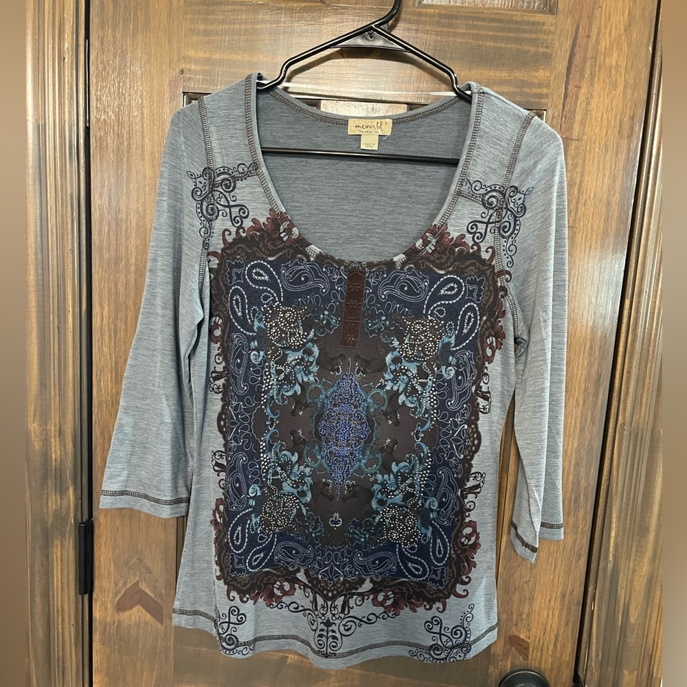 Beautiful Blue Decorated 3/4 Sleeve One World Top S